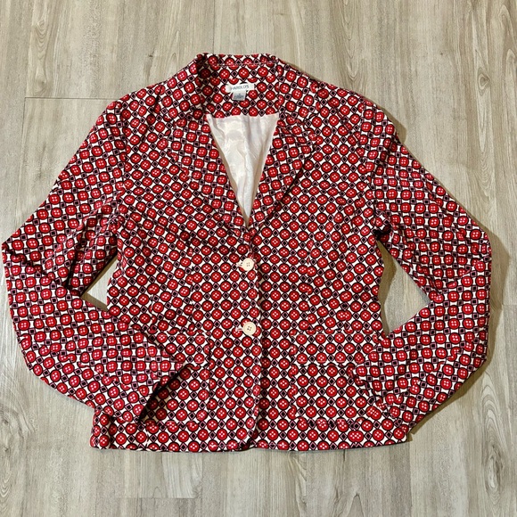Harold’s Geometric Blazer Red Black White‎ Womens Size 10 Lined Pockets Stretch - Picture 1 of 12